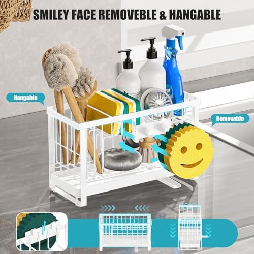 Sponge Holder for Kitchen Sink with Flexible Smiley Face, 2 Tier Kitchen Sink Organizer, Countertop and Storage Essentials, Soap Dispenser Organizer, Home Decor Accessories - White - Image 3