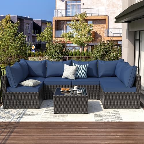 Patio Furniture Set, 7PCS Outdoor Sectional PE Rattan Patio Conversation Set w/Thickened Cushion Modular Wicker Patio Sofa Set w/Coffee Table for Balcony, Backyard(Blue) - Image 3