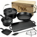 DVK 8 Piece Cast Iron Cookware Set with Vintage Wooden Storage Box, Pre-seasoned Skillets, Dutch Oven and Griddle Kit for Outdoor Camping, RV Trips and Home Kitchen Cooking by Dvk