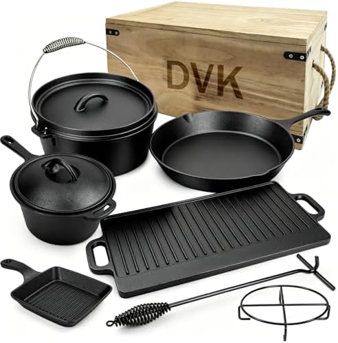 DVK 8 Piece Cast Iron Cookware Set with Vintage Wooden Storage Box, Pre-seasoned Skillets, Dutch Oven and Griddle Kit for Outdoor Camping, RV Trips and Home Kitchen Cooking by Dvk