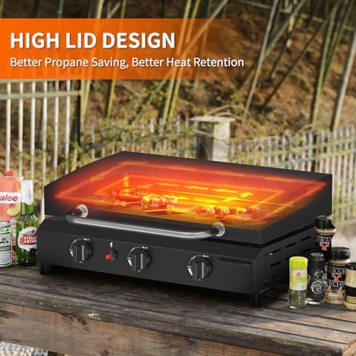 SKOK 23.3 Inch Flat Top Grill, Gas Griddle with Hood, Portable Tabletop Propane Gas Griddle Grill for Camping, Outdoor & Tailgating Barbecue, 45,000 BTU Output, 3 Burners - Image 2