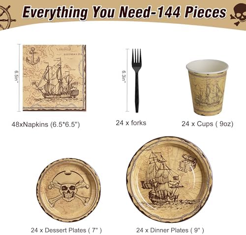 144 Pcs Pirate Tableware Set for 24 Guests, Heavy-Duty 7" & 9" Paper Plates, Cups, 2-Ply 13" Napkins & Plastic Forks, Disposable Treasure Map Theme Party Supplies - Image 2