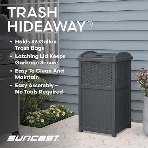Suncast 33 Gal, Wicker Hideaway Trash Can, Secure Lid, Cyberspace Gray - Image 2