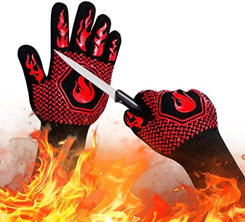 BBQ Gloves 1472F Heat Resistant Non-Slip Silicone 13.8in (Red) by DKHDBD