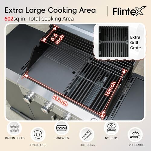 Flintex 4-Burner Gas Grill & Griddle with Side Burner, 602sq.in Dual Fuel - Image 4