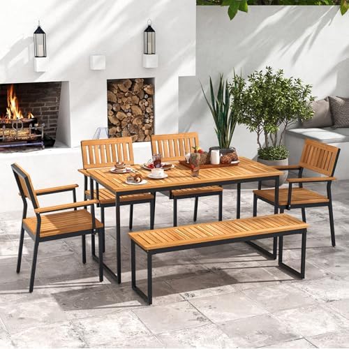 Tangkula 6 Pieces Outdoor Acacia Wood Dining Set, Patio Table and Chairs Set with Bench for 6-7 People, Outdoor Dining Furniture Set with 2" Umbrella Hole for Garden, Backyard and Poolside - Image 3