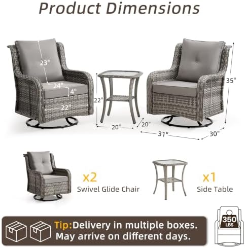 Wumiokio Patio Furniture Sets, 3 Pieces Wicker Outdoor Furniture - 360 Degree Swivel Rocking Chairs and Rattan Side Table for Garden,Porch,Backyard (Grey Wicker/Grey Cushion, 3PCS - Swivel Chairs) - Image 4