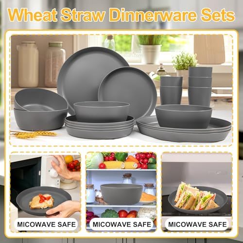 EjonirInjonir 24Pcs Unbreakable Dark Gray Wheat Straw Dinnerware Set for 6 - Image 6