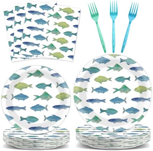96Pcs Gone Fishing Party Paper Plates and Napkins Sea Ocean Fish Birthday Supplies Little Fisherman Tableware for 24 Guests for Summer Wedding Ofishally One Fishing Birthday Gatherings Decorations by Oitnlaughter