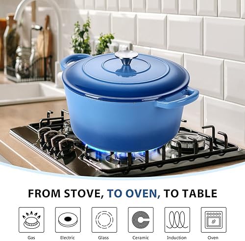 E-far 6 Quart Enameled Cast Iron Dutch Oven with Lid, Round Dutch Oven Pot Nonstick Cookware for Braising, Stews, Roasting, Bread Baking, Cooking, Heavy Duty, Induction & Oven Safe - Blue - Image 4