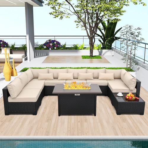 Rattaner 10 Pieces Outdoor Sectional All-Weather Wicker Patio Furniture Set Patio Sectional and Steel Fire Table and Glass Patio Table Non-Slip Cushions and Waterproof Covers, Khaki by Rattaner