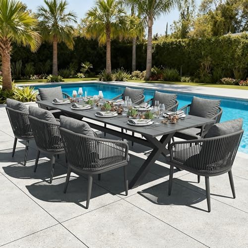 LayinSun 9 Pieces Outdoor Patio Dining Set, Aluminium Rectangular Dining Table and Wicker Rattan Chairs Set for Outside Backyard, Poolside by LayinSun