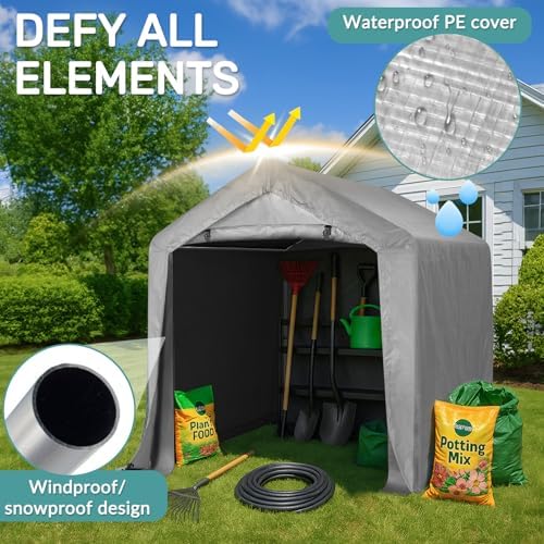 VINGLI Outdoor Portable Storage Shed, Heavy Duty Bike Tent with Roll-up Zipper Door, Waterproof and UV Resistent Carport for Motorcycle, Garden Tools and Firewood (Gray, 6x6x6.5 FT) - Image 5