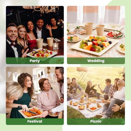 Havawish 100 Pcs Compostable Paper Plates and Bowls Set for 25 Guests, 10in & 8in Heavy Duty Sugarcane Disposable Plates 12 oz Biodegradable Cups and Paper Bowls, Party Camping Picnic(Beige) - Image 6
