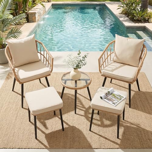 PORWEY 5 Piece Patio Bistro Set, All-Weather Rattan, Yellow/Beige - Image 7
