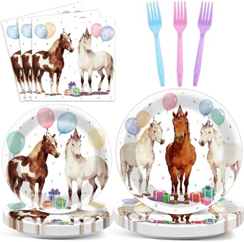 96PCS Western Horse Party Paper Plates and Napkins Horse Theme Birthday Dinnerware West Horses Racing Tableware for Derby Day Rodeo Wedding Bachelorette Baby Shower Party Decorations by Oitnlaughter