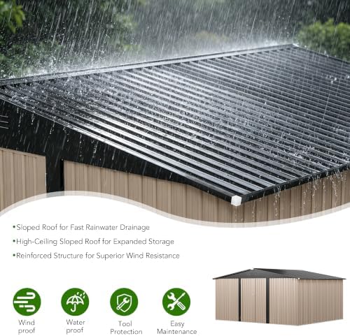 MXV 14 x 12FT Outdoor Storage Shed, Metal Garden Shed with Windows, Double Lockable Doors & Sloped Roof, Tool Sheds for Backyard Garden Patio Lawn, Brown - Image 5