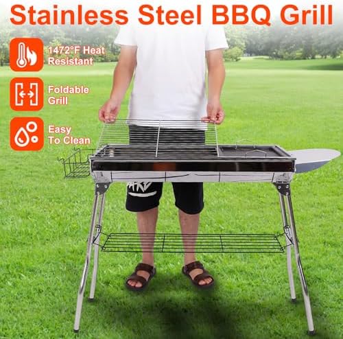 Charcoal Grills,Stainless Steel Folding Portable BBQ Grill Large Charcoal Grill for Garden Backyard Party Picnic Travel Outdoor Cooking Use With Non-Stick Frying Pan - Image 3
