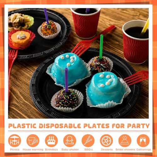 Plastic Plates 9 Inch Plastic Solid Round Party Dessert Dinner Plates for Weddings Party BBQs Birthday Camping and Anniversary (30, Black) - Image 4