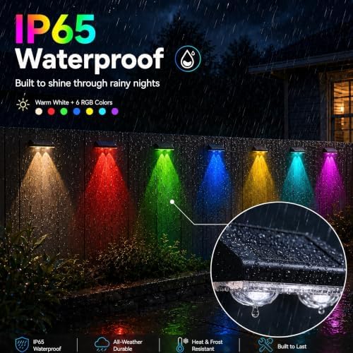 Solar Fence Lights Outdoor, Warm White & RGB Combo 8 Modes Color Changing Fence Lights Solar Powered for Outside, LED IP65 Waterproof Solar Patio Light for Step, Pathway, Garden, Deck, Stairs - 8 Pack - Image 3