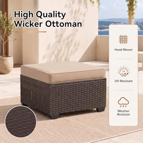 Aoxun 2 Piece Patio Sofa Ottomans with 4" Thick Cushions, Wicker Outdoor Couch Extension Set, All-Weather Rattan Seating Accessory for Backyard Furniture, Beige - Image 4