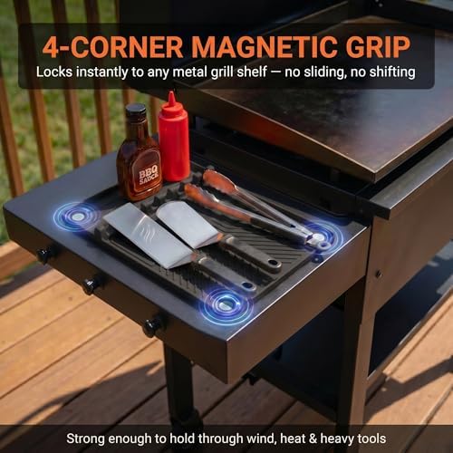Magnetic Silicone Side Shelf Mat for Blackstone Griddle - 4 Corner Magnets, Extra Thick, Linear Drip Channels, 446°F Heat Resistant, 16"x11.5", Fits Weber Traeger Pit Boss (Black 2-Pack) - Image 2