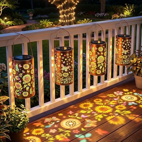 2Pack Colorful Solar Lanterns Outdoor Waterproof, Garden Decor Gifts for Women Mom Grandma - LED Sunflower and Butterfly Solar Powered Lights Metal Hanging Lantern for Outside Garden Patio Yard Porch - Image 2