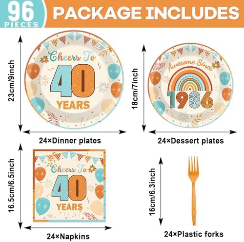 96Pcs Boho 40th Party Paper Plates and Napkins 50th Birthday Party Decorations Blue Back in 1986 Paper Plates Cheers to 40 Years Disposable Tableware for Women Men Birthday Gatherings Decorations - Image 2