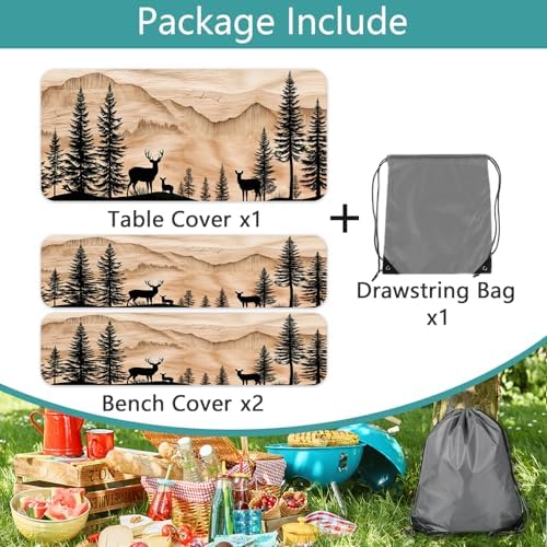 Picnic Table Cover with Bench Covers Camping Essentials Rustic Hunting Deer Forest Waterproof Windproof Camping Tablecloth Fitted Tablecloth Cover with Elastic Edge for Indoor Outdoor 3 PCS 30x96 Inch - Image 6