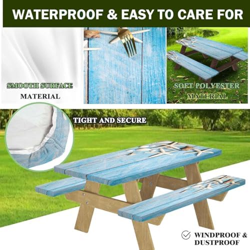 CAPSCEOLL Picnic Table Cover with Bench Covers 5ft - Summer Blue Wood - Image 3