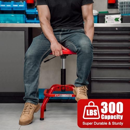 Shop Stool with Backrest, Mechanic Garage Stool for Workshop, Adjustable Shop Stools Chair, Padded Workbench Stools for Men Women, 300 LBS Capacity, 360° Swivel PVC Seat, Heavy Duty, Red - Image 3