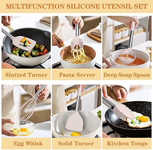 Silicone Cooking Utensil Set, Umite Chef 43 PCS Heat Resistant Kitchen Utensil Gadgets Set-Stainless Steel Handle- Kitchen Spatula Tools for Nonstick Cookware, Pots and Pans Accessories (Khaki) - Image 3
