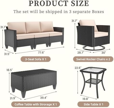 UDPATIO Patio Furniture Set, 5 Pieces Outdoor Conversation Sets with Rocking Swivel Chairs, Wicker Rattan Outdoor Sofa Set with Storage Table and Waterproof Covers for Backyard, Deck, Porch, Khaki - Image 2
