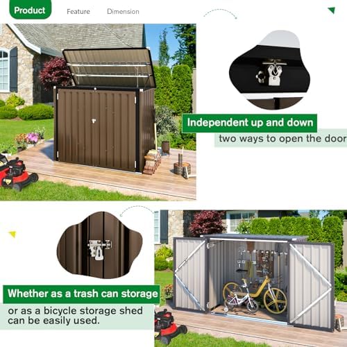 AECOJOY Outdoor Trash Can Storage Shed, 46 Cu.Ft Metal Garbage Bin Enclosure with Lift-Up Lid & Gas Strut, Waterproof Outdoor Garbage Can Organizer, Bike Shed Backyard Patio Garden, Brown - Image 6