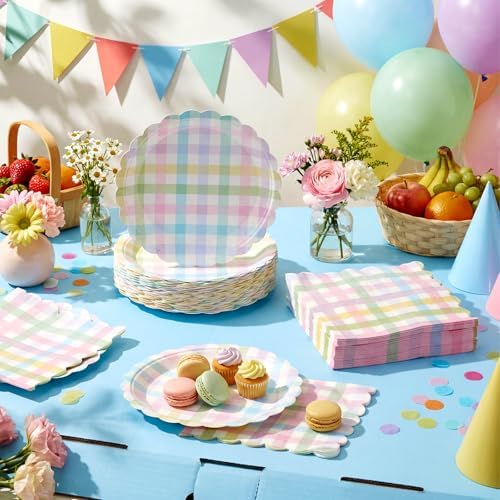Roshtia 120 Pcs Pastel Gingham Paper Plates and Napkins Set - Image 5