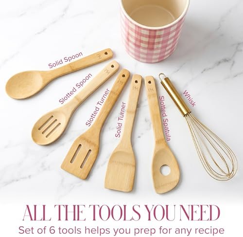 Paris Hilton Kitchen Utensils Tool Crock Set, Bamboo Cooking Tools with Gold-Finish Stainless Steel Whisk and Ceramic Stoneware Utensil Holder, Gingham Design, 7-Piece, Pink - Image 4