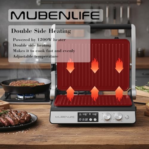 Panini Press,4 Slices Contact Grill with Removable Non-Stick Coated Grill and Flat Plates,Panini Makers with Temperature Control and Timer,Open 180 Degrees,Grill and Griddle (Silver with digital) - Image 5
