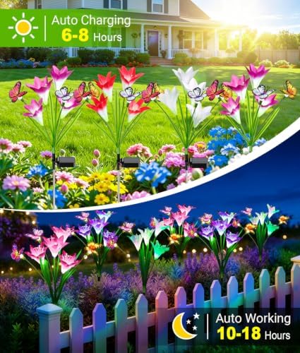 KOOPER Solar Lights Outdoor Garden Decor 8 Pack, 32 Lily Flowers and 24 Swaying Butterflies, IP65 Waterproof 7 Color Changing Solar Flower Lights for Yard Patio Pathway, Gifts for Mom Women Grandma - Image 3