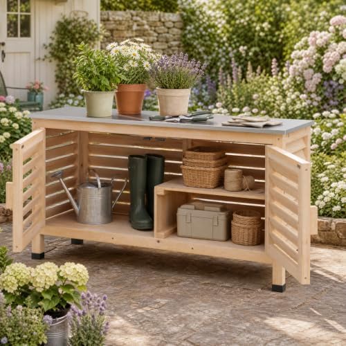 Goplus Patio Storage Cabinet, 2-Door Console Table (Natural) - Image 2