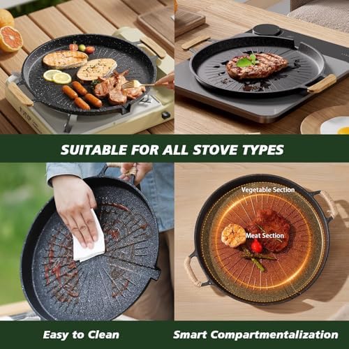 Double Ear Non Stick Baking Tray, 12.6-Inch Portable Outdoor Barbecue Plate, Breakfast Frying Pan with Automatic Oil Filter, Circular Large Cooking Surface, Versatile for Stoves, PFOA Free (Black) - Image 3