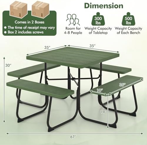 Moccha Picnic Table Bench Set - Outdoor Table and Chairs with Umbrella Hole, HDPE Tabletop & Metal Frame, 500LBS Capacity, Outdoor Camping Table for Garden Backyard Porch Patio Table Set (Green) - Image 2