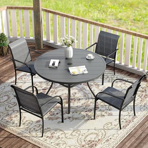VICLLAX 5 Pieces Patio Dining Set for 4, Outdoor Furniture Set Includes 40.7" Round Patio Table and 4 Patio Stackable Chairs, Grey Tabletop and Grey Fabric by HOME