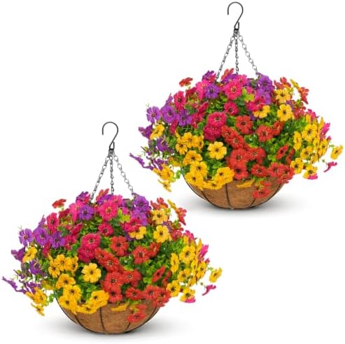 2 Set Artificial Hanging Flowers with Baskets for Outdoor Decor by secqous