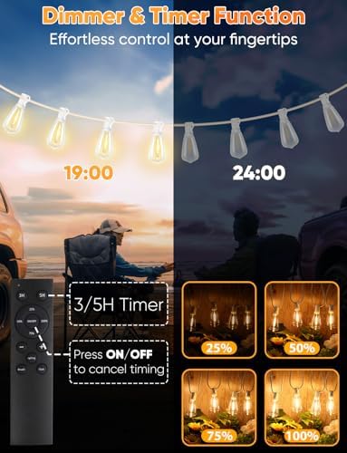 Brightever Outdoor String Lights with Remote, 200FT LED Patio Lights with 62 ST38 LED Filament Bulbs, 3 Lighting Modes, 3H/5H Timer, Waterproof IP65 String Light for Outside, E12 Socket Base, White - Image 4