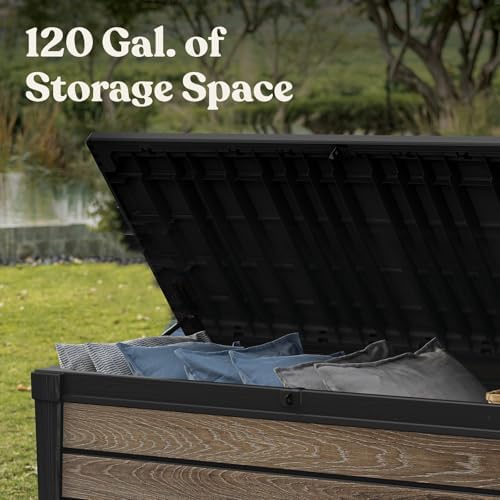 Keter Signature Collection 120 Gallon Resin Deck Box Organization and Storage Box for Patio Outdoor Cushions, Throw Pillows, Garden Tools and Pool Supplies, Walnut - Image 5