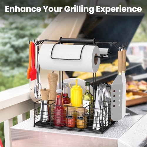 Grill Caddy for Outdoor Grill with 2 Paper Towel Holders,Barbecue Tool Sets Storage Organizer,BBQ Caddy for Outdoor Grill with 9 Compartments & 8 Hooks,Picnic Caddy Grilling Gifts for Men - Image 5