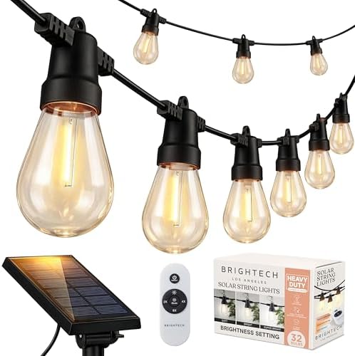 Brightech 104 (52x2) FT Ambience Pro Solar Powered Outdoor LED String Lights - Waterproof Remote Control Lights - 32 Bulbs, 7W Solar Powered Soft White Light for Camping, Patio, Garden by Brightech