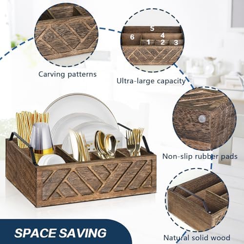 Ukonvi Flatware Organizers Paper Plate Dispenser with Handles, Paper Plate Holder for Kitchen Counter, Wood Rustic Silverware Utensil Caddy, Brown - Image 6