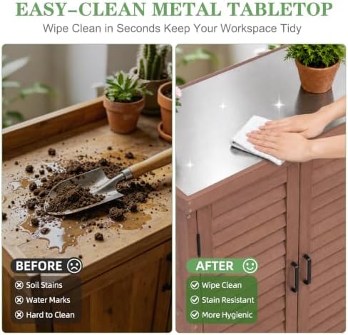 Outdoor Storage Cabinet with Metal Tabletop, Cedar Wood Garden Workstation - Image 4