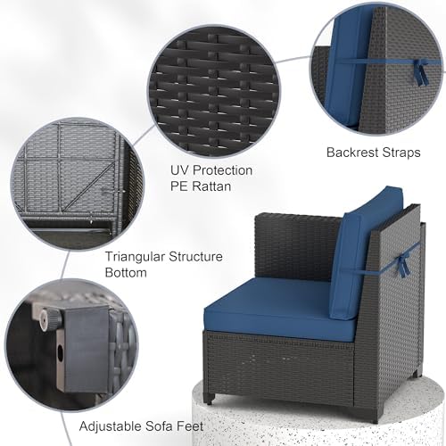 Patio Furniture Set, 7PCS Outdoor Sectional with Ottoman Wicker Rattan Patio Couch with Thickened Cushion Modular Wicker Patio Conversation Set with Glass Top Table for Balcony, Backyard (Dark Blue) - Image 2